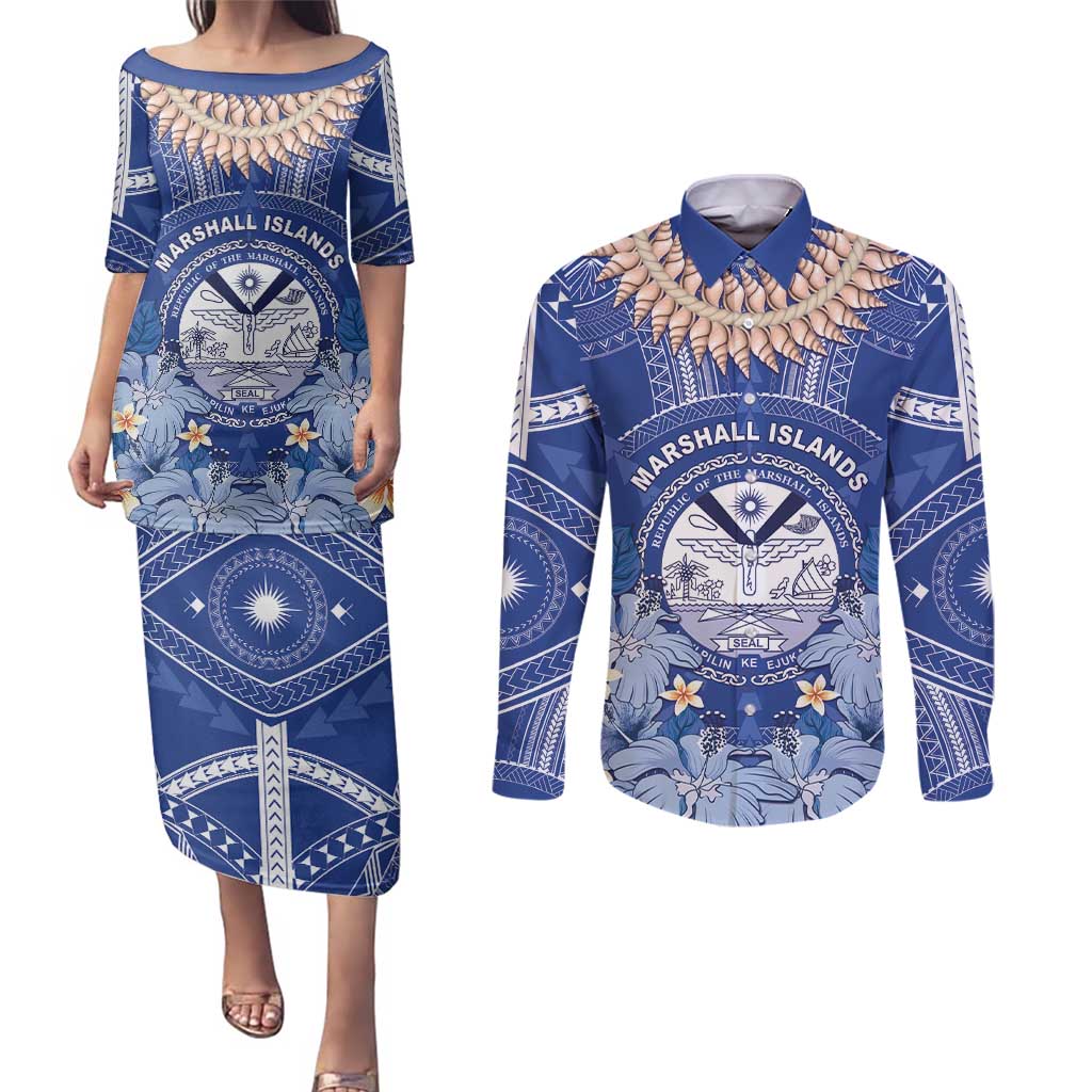 Marshall Islands Jemenei Day Couples Matching Puletasi and Long Sleeve Button Shirt Polynesian Tribal Tattoo Seashell Necklace