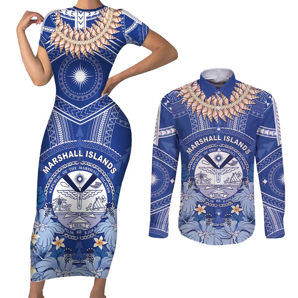 Marshall Islands Jemenei Day Couples Matching Short Sleeve Bodycon Dress and Long Sleeve Button Shirt Polynesian Tribal Tattoo Seashell Necklace LT05 Blue - Polynesian Pride
