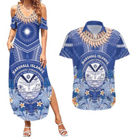 Marshall Islands Jemenei Day Couples Matching Summer Maxi Dress and Hawaiian Shirt Polynesian Tribal Tattoo Seashell Necklace LT05 Blue - Polynesian Pride
