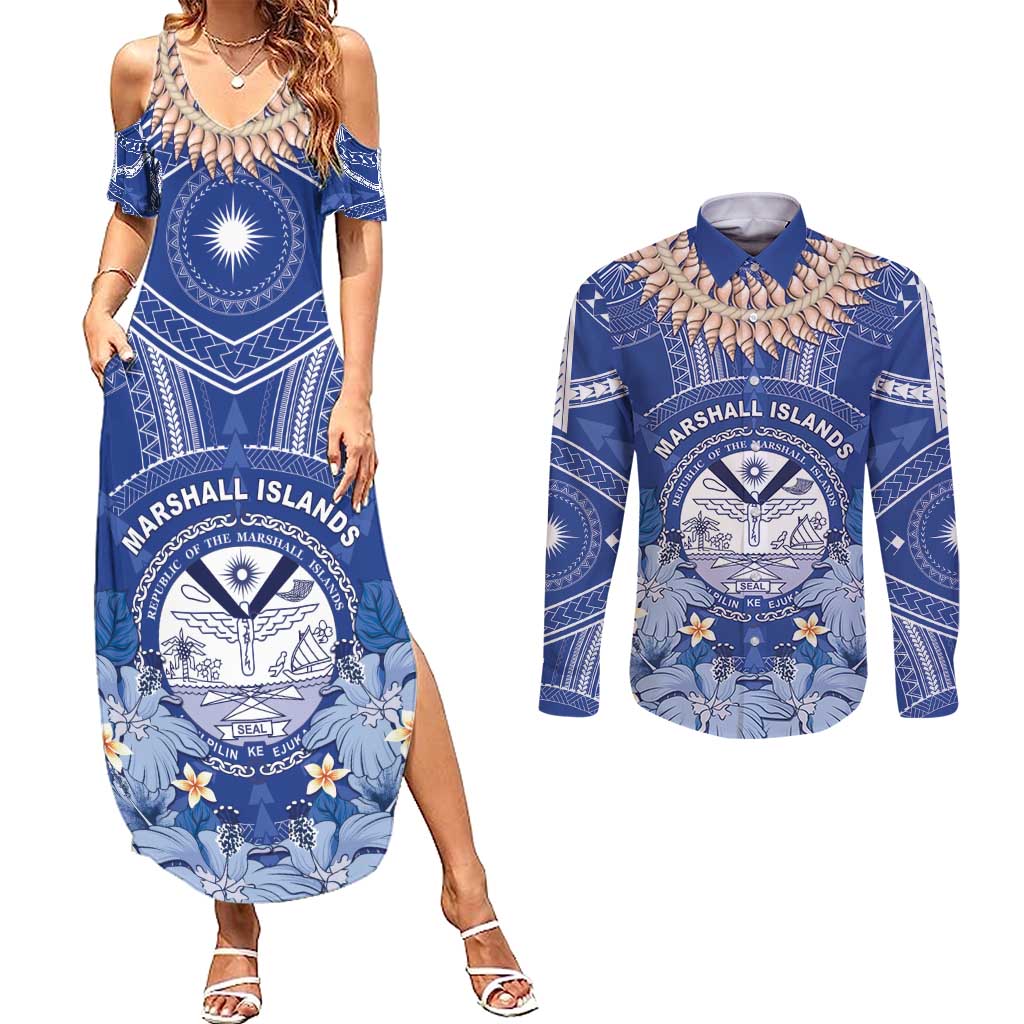 Marshall Islands Jemenei Day Couples Matching Summer Maxi Dress and Long Sleeve Button Shirt Polynesian Tribal Tattoo Seashell Necklace LT05 Blue - Polynesian Pride