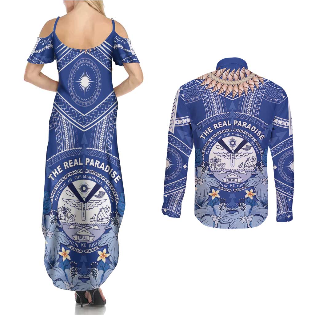 Marshall Islands Jemenei Day Couples Matching Summer Maxi Dress and Long Sleeve Button Shirt Polynesian Tribal Tattoo Seashell Necklace LT05 - Polynesian Pride