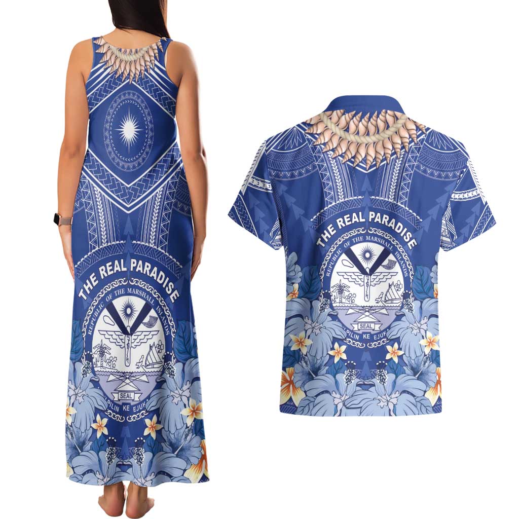 Marshall Islands Jemenei Day Couples Matching Tank Maxi Dress and Hawaiian Shirt Polynesian Tribal Tattoo Seashell Necklace LT05 - Polynesian Pride