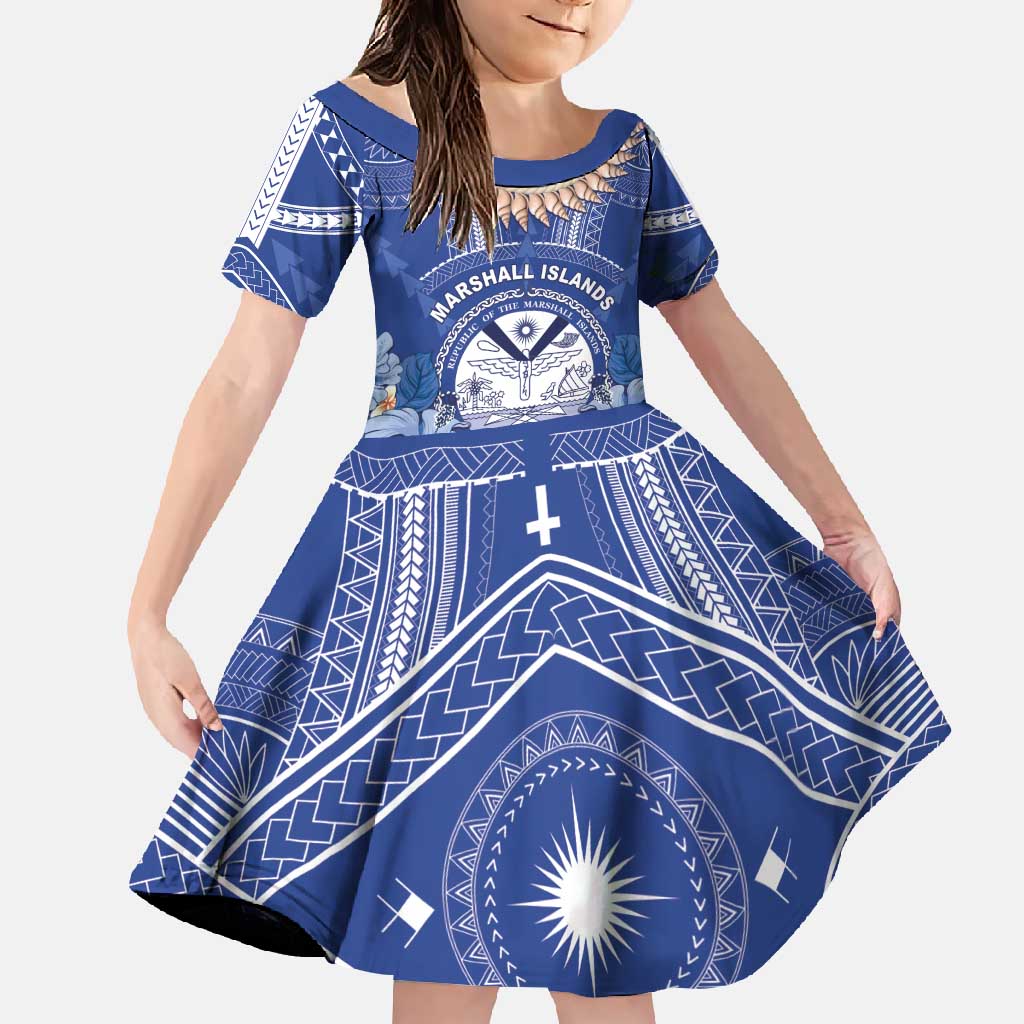 Marshall Islands Jemenei Day Family Matching Long Sleeve Bodycon Dress and Hawaiian Shirt Polynesian Tribal Tattoo Seashell Necklace LT05 Daughter's Dress Blue - Polynesian Pride