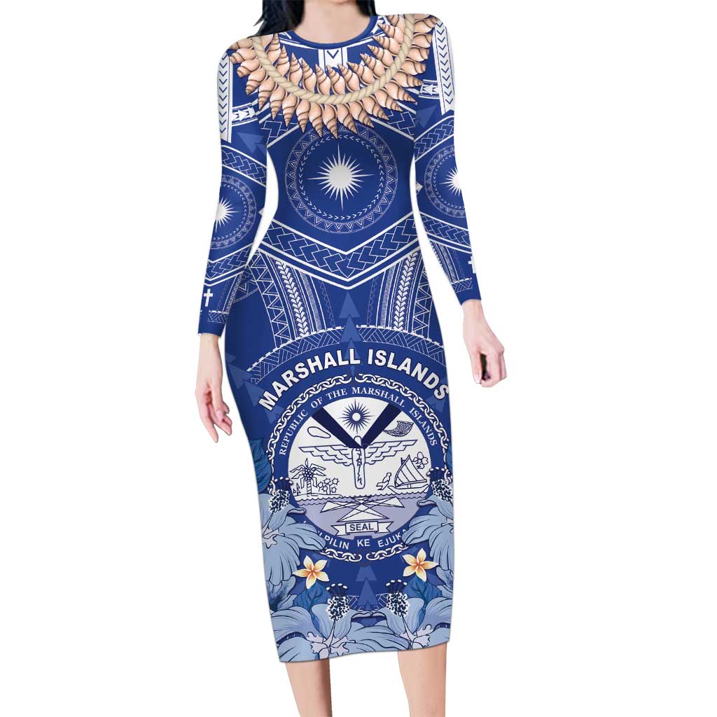 Marshall Islands Jemenei Day Family Matching Long Sleeve Bodycon Dress and Hawaiian Shirt Polynesian Tribal Tattoo Seashell Necklace LT05 Mom's Dress Blue - Polynesian Pride