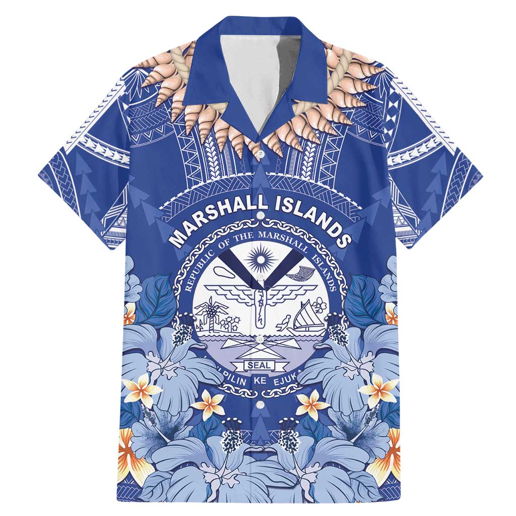 Marshall Islands Jemenei Day Family Matching Mermaid Dress and Hawaiian Shirt Polynesian Tribal Tattoo Seashell Necklace LT05 Dad's Shirt - Short Sleeve Blue - Polynesian Pride