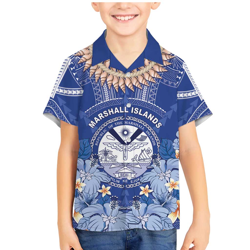 Marshall Islands Jemenei Day Family Matching Mermaid Dress and Hawaiian Shirt Polynesian Tribal Tattoo Seashell Necklace LT05 Son's Shirt Blue - Polynesian Pride