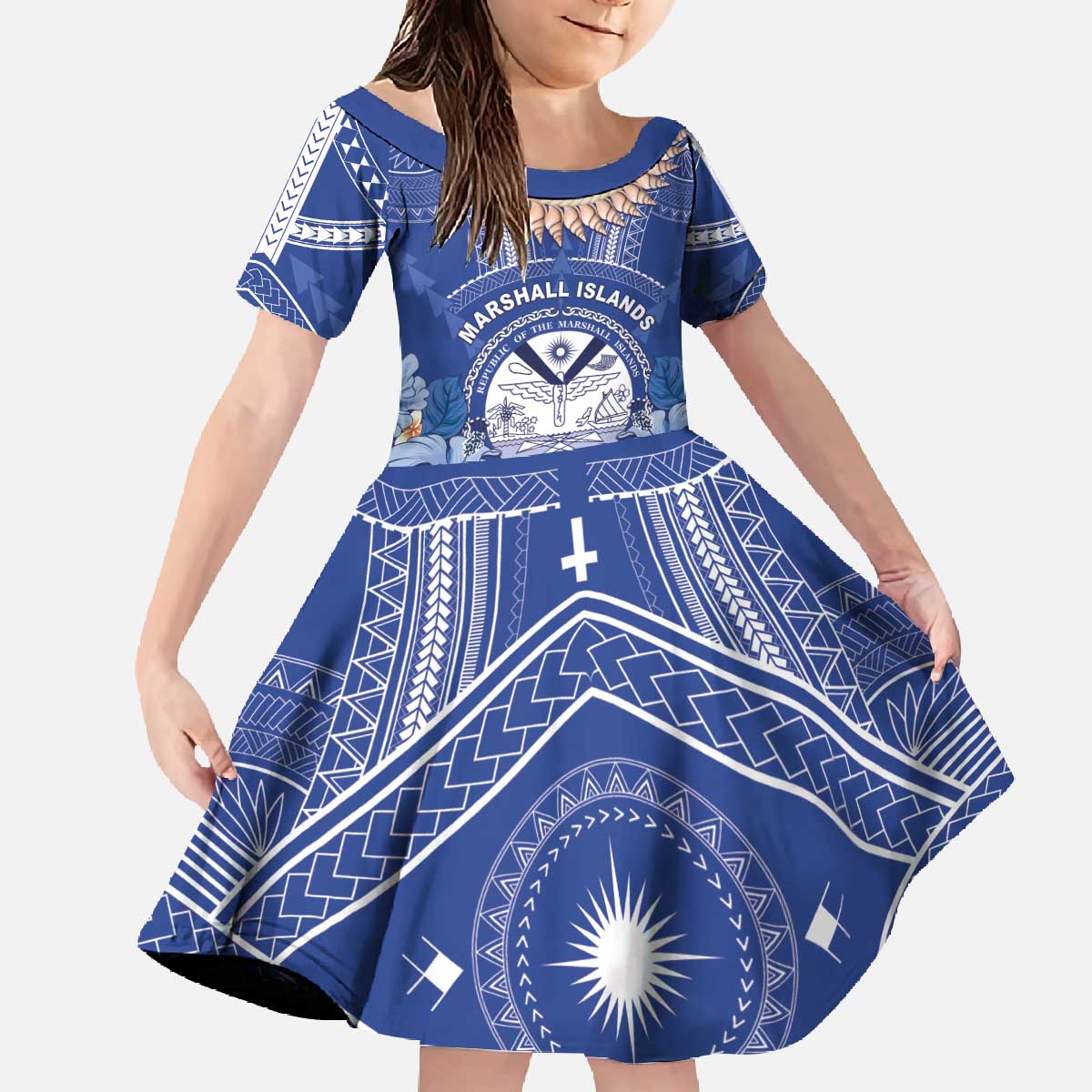 Marshall Islands Jemenei Day Family Matching Off The Shoulder Long Sleeve Dress and Hawaiian Shirt Polynesian Tribal Tattoo Seashell Necklace LT05 Daughter's Dress Blue - Polynesian Pride