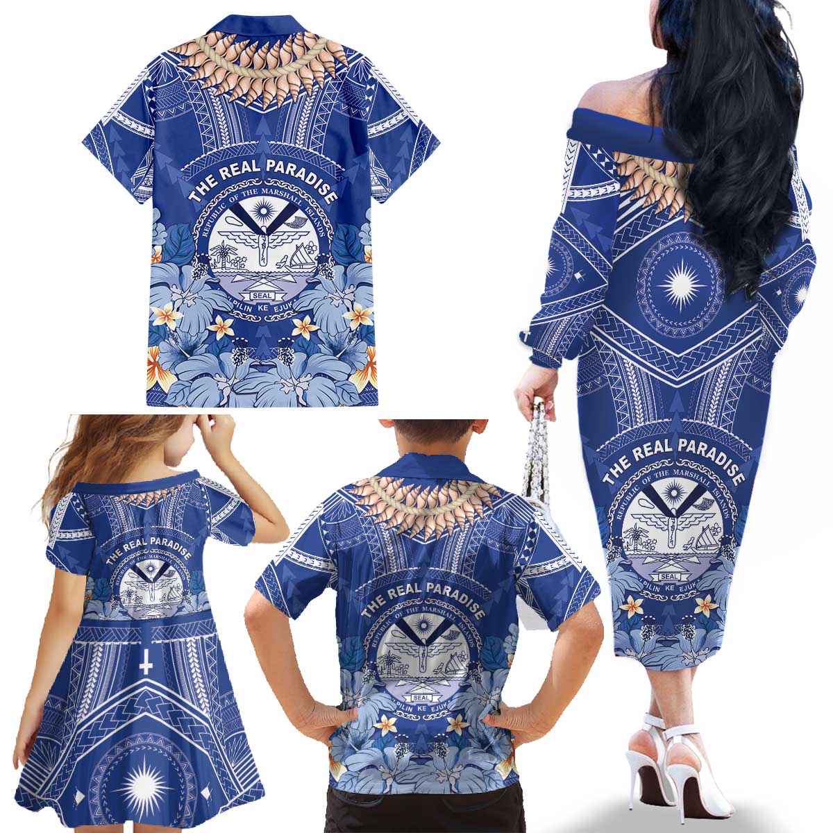 Marshall Islands Jemenei Day Family Matching Off The Shoulder Long Sleeve Dress and Hawaiian Shirt Polynesian Tribal Tattoo Seashell Necklace LT05 - Polynesian Pride