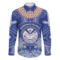 Marshall Islands Jemenei Day Family Matching Off The Shoulder Long Sleeve Dress and Hawaiian Shirt Polynesian Tribal Tattoo Seashell Necklace LT05 Dad's Shirt - Long Sleeve Blue - Polynesian Pride