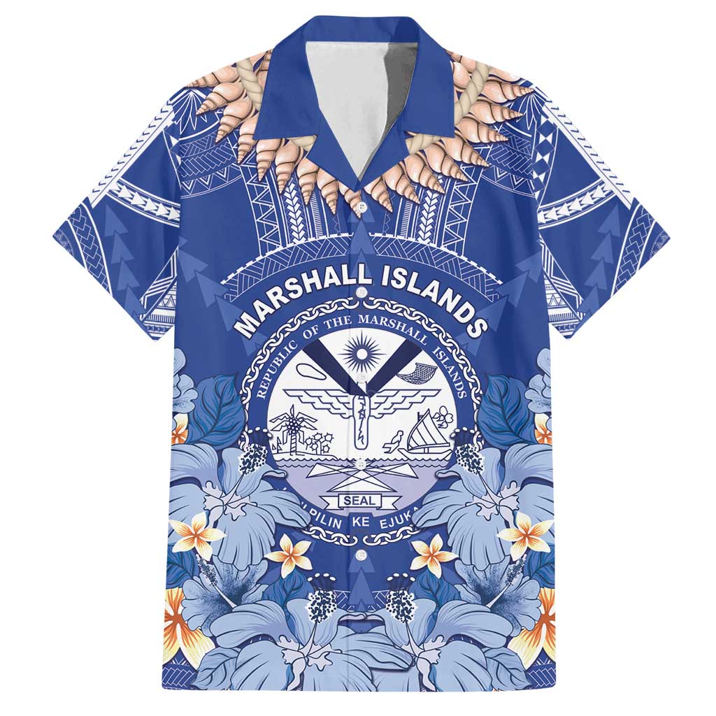 Marshall Islands Jemenei Day Family Matching Off Shoulder Maxi Dress and Hawaiian Shirt Polynesian Tribal Tattoo Seashell Necklace LT05 Dad's Shirt - Short Sleeve Blue - Polynesian Pride