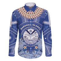 Marshall Islands Jemenei Day Family Matching Off Shoulder Maxi Dress and Hawaiian Shirt Polynesian Tribal Tattoo Seashell Necklace LT05 Dad's Shirt - Long Sleeve Blue - Polynesian Pride