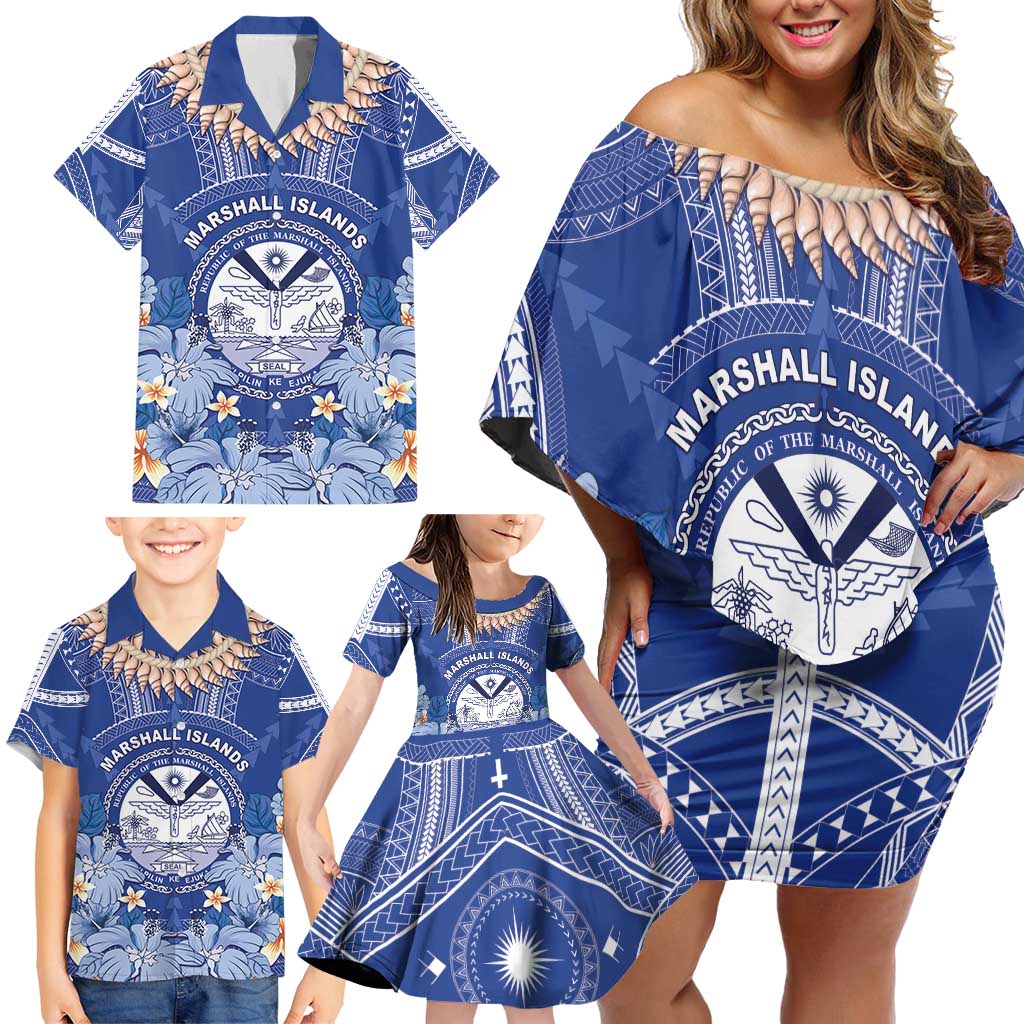 Marshall Islands Jemenei Day Family Matching Off Shoulder Short Dress and Hawaiian Shirt Polynesian Tribal Tattoo Seashell Necklace LT05 - Polynesian Pride