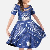 Marshall Islands Jemenei Day Family Matching Puletasi and Hawaiian Shirt Polynesian Tribal Tattoo Seashell Necklace LT05 Daughter's Dress Blue - Polynesian Pride
