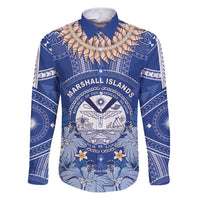 Marshall Islands Jemenei Day Family Matching Puletasi and Hawaiian Shirt Polynesian Tribal Tattoo Seashell Necklace LT05 Dad's Shirt - Long Sleeve Blue - Polynesian Pride