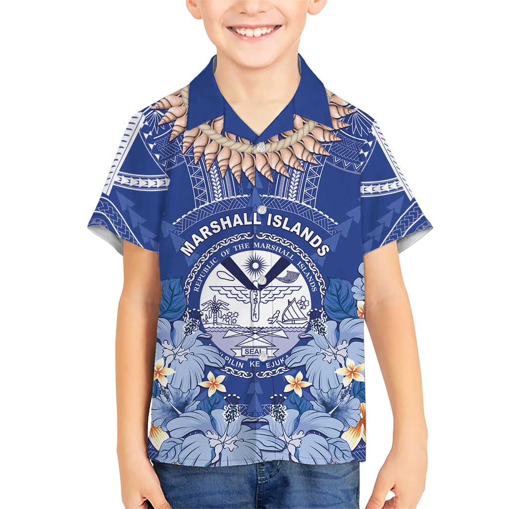 Marshall Islands Jemenei Day Family Matching Short Sleeve Bodycon Dress and Hawaiian Shirt Polynesian Tribal Tattoo Seashell Necklace LT05 Son's Shirt Blue - Polynesian Pride