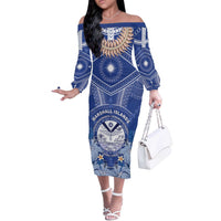 Marshall Islands Jemenei Day Off The Shoulder Long Sleeve Dress Polynesian Tribal Tattoo Seashell Necklace LT05 Women Blue - Polynesian Pride