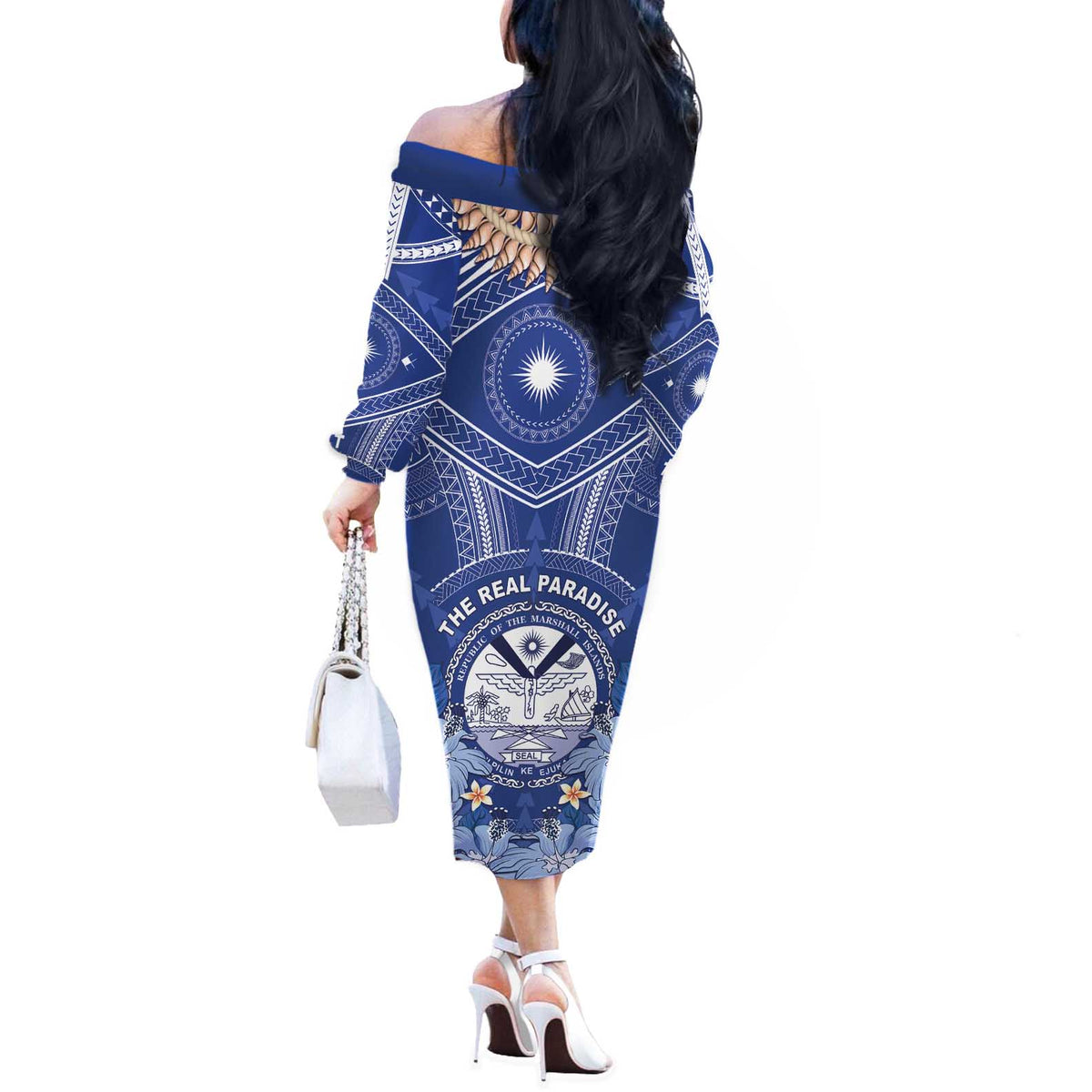 Marshall Islands Jemenei Day Off The Shoulder Long Sleeve Dress Polynesian Tribal Tattoo Seashell Necklace LT05 - Polynesian Pride
