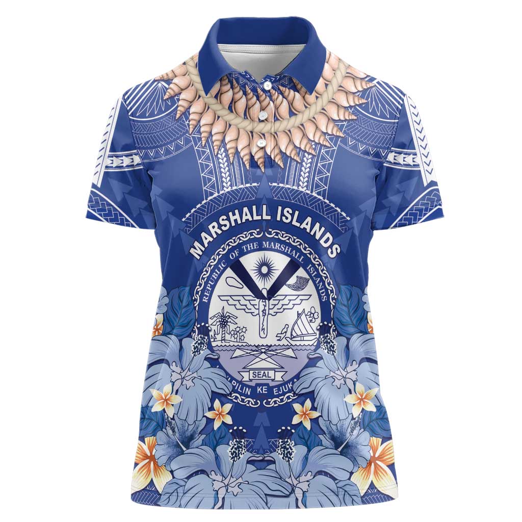 Marshall Islands Jemenei Day Women Polo Shirt Polynesian Tribal Tattoo Seashell Necklace LT05 Female Blue - Polynesian Pride
