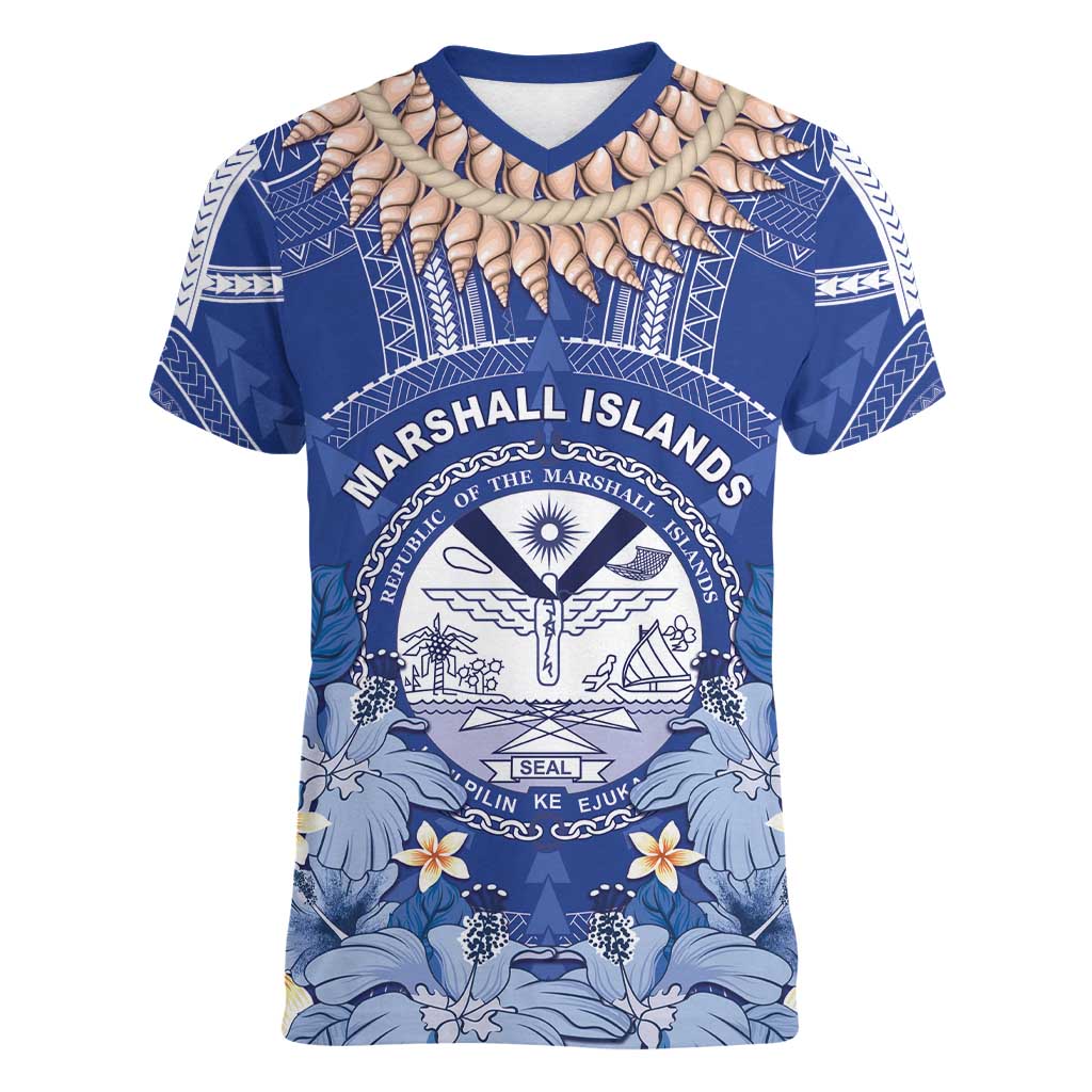 Marshall Islands Jemenei Day Women V-Neck T-Shirt Polynesian Tribal Tattoo Seashell Necklace LT05 Female Blue - Polynesian Pride