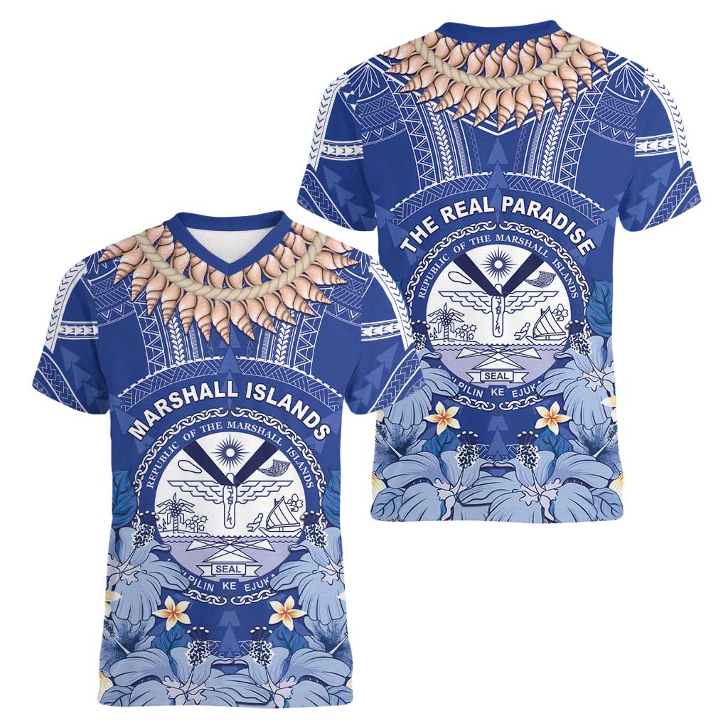 Marshall Islands Jemenei Day Women V-Neck T-Shirt Polynesian Tribal Tattoo Seashell Necklace LT05 - Polynesian Pride