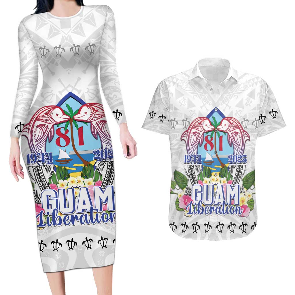 Guam Chamorro Liberation Day Couples Matching Long Sleeve Bodycon Dress and Hawaiian Shirt 81st Anniversary LT05 White - Polynesian Pride