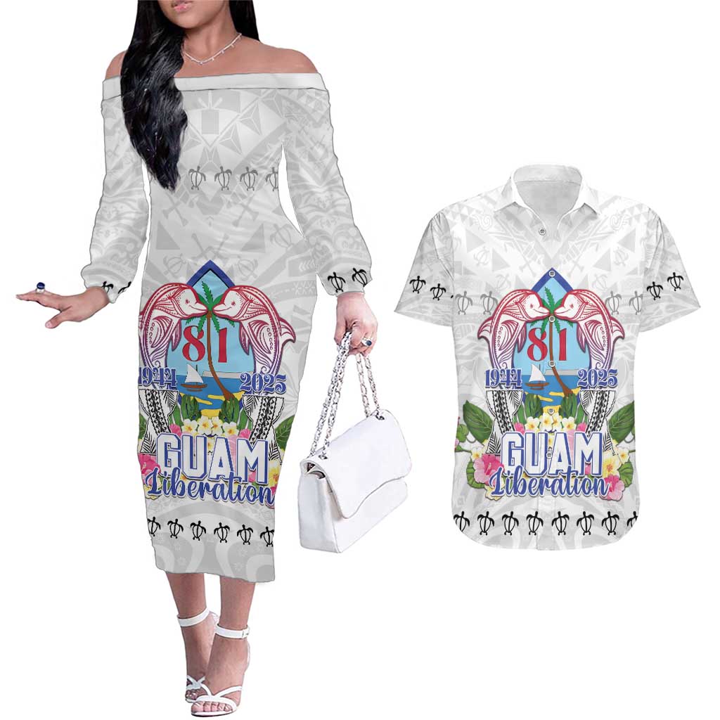 Guam Chamorro Liberation Day Couples Matching Off The Shoulder Long Sleeve Dress and Hawaiian Shirt 81st Anniversary LT05 White - Polynesian Pride