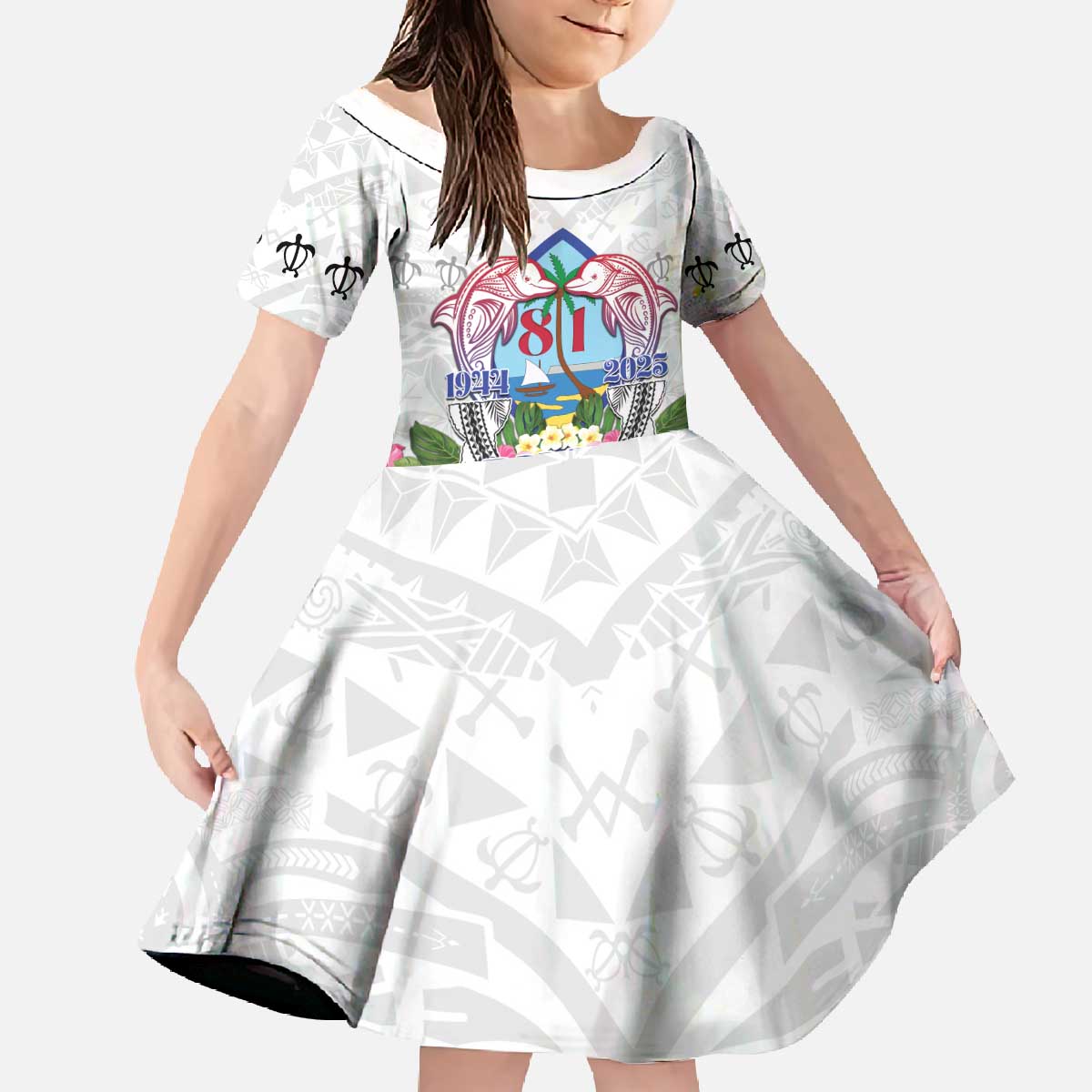 Guam Chamorro Liberation Day Family Matching Off The Shoulder Long Sleeve Dress and Hawaiian Shirt 81st Anniversary LT05 Daughter's Dress White - Polynesian Pride