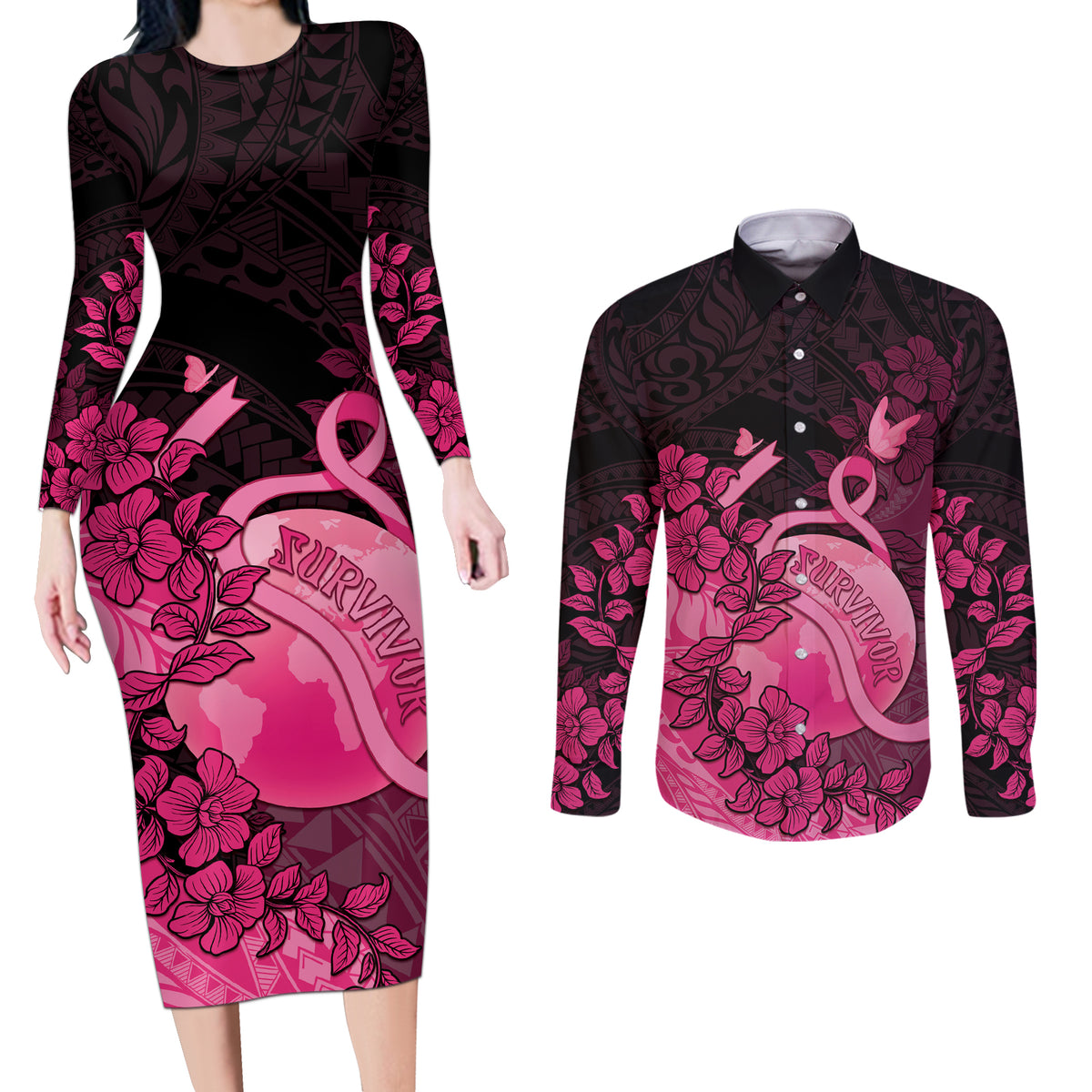Personalised Cancer Fighter Couples Matching Long Sleeve Bodycon Dress and Long Sleeve Button Shirt I Beat Cancer LT05 Pink - Polynesian Pride