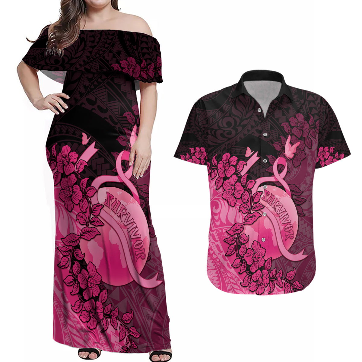 Personalised Cancer Fighter Couples Matching Off Shoulder Maxi Dress and Hawaiian Shirt I Beat Cancer LT05 Pink - Polynesian Pride
