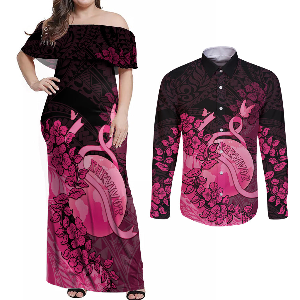Personalised Cancer Fighter Couples Matching Off Shoulder Maxi Dress and Long Sleeve Button Shirt I Beat Cancer