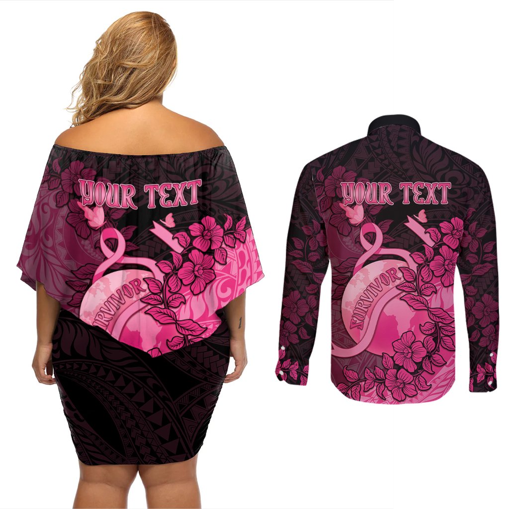 Personalised Cancer Fighter Couples Matching Off Shoulder Short Dress and Long Sleeve Button Shirt I Beat Cancer LT05 - Polynesian Pride