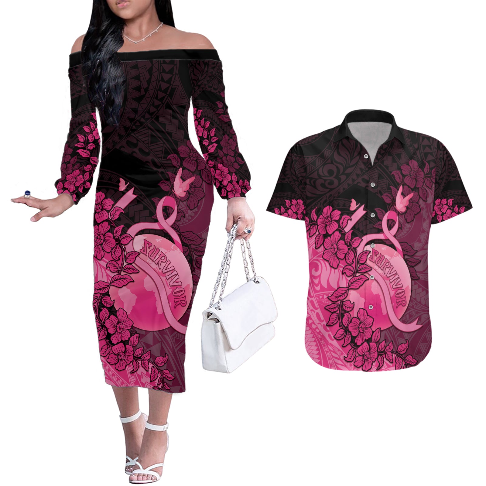 Personalised Cancer Fighter Couples Matching Off The Shoulder Long Sleeve Dress and Hawaiian Shirt I Beat Cancer