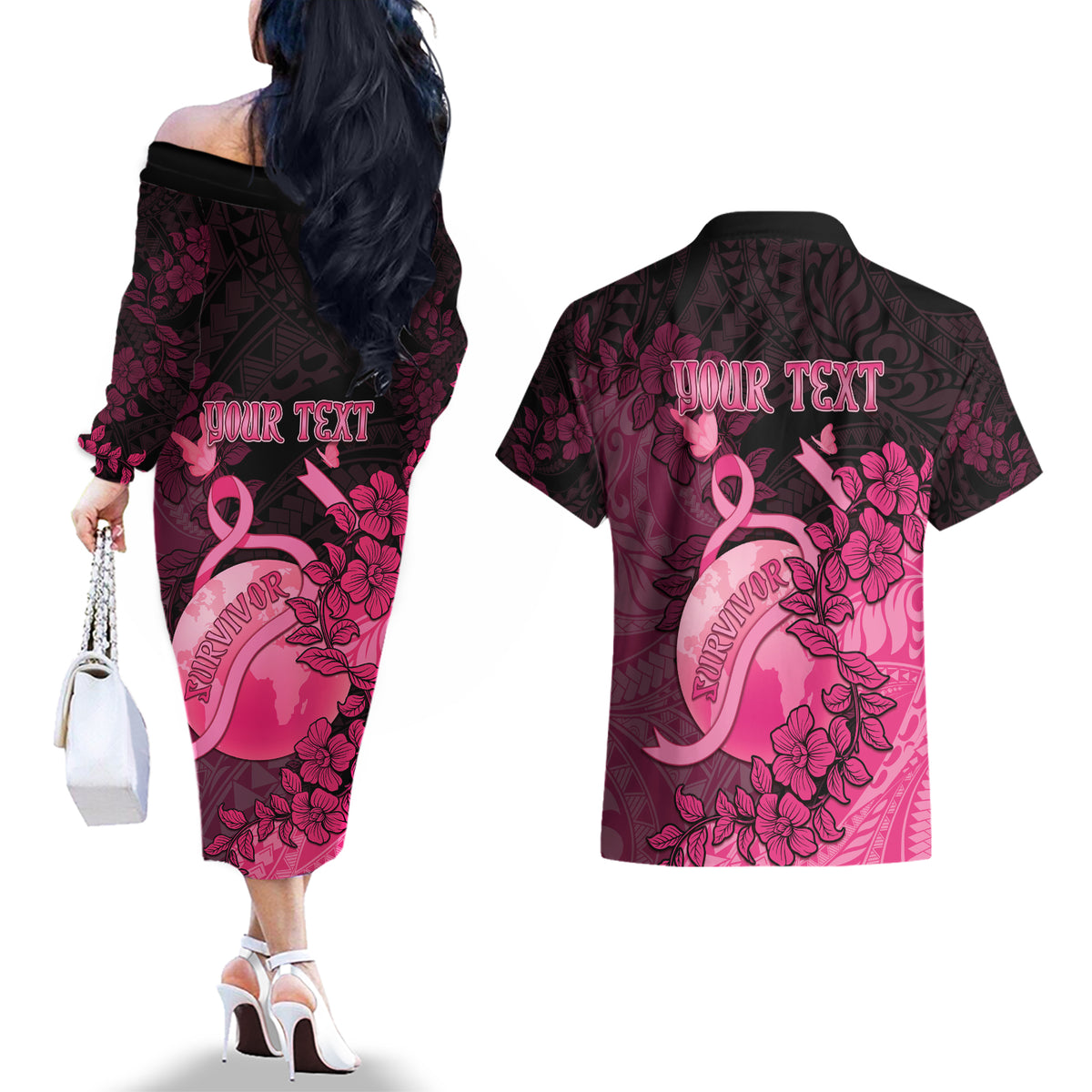 Personalised Cancer Fighter Couples Matching Off The Shoulder Long Sleeve Dress and Hawaiian Shirt I Beat Cancer LT05 - Polynesian Pride