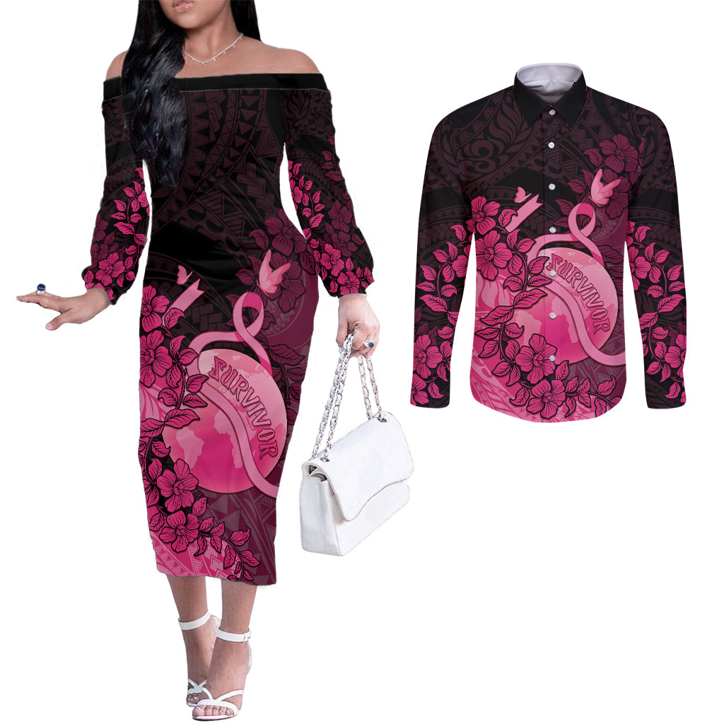 Personalised Cancer Fighter Couples Matching Off The Shoulder Long Sleeve Dress and Long Sleeve Button Shirt I Beat Cancer LT05 Pink - Polynesian Pride