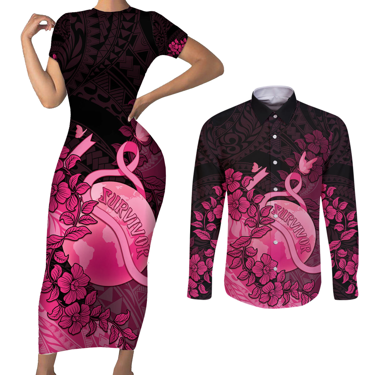 Personalised Cancer Fighter Couples Matching Short Sleeve Bodycon Dress and Long Sleeve Button Shirt I Beat Cancer LT05 Pink - Polynesian Pride
