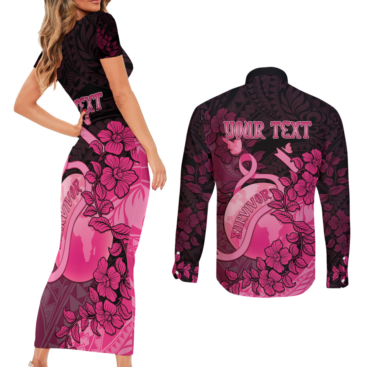 Personalised Cancer Fighter Couples Matching Short Sleeve Bodycon Dress and Long Sleeve Button Shirt I Beat Cancer LT05 - Polynesian Pride