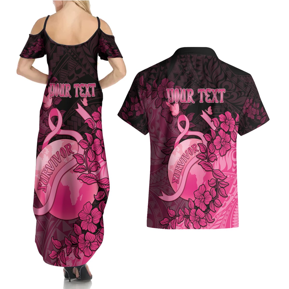 Personalised Cancer Fighter Couples Matching Summer Maxi Dress and Hawaiian Shirt I Beat Cancer LT05 - Polynesian Pride