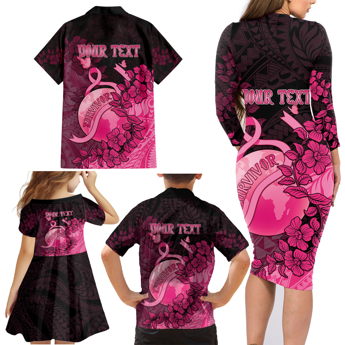 Personalised Cancer Fighter Family Matching Long Sleeve Bodycon Dress and Hawaiian Shirt I Beat Cancer LT05 - Polynesian Pride