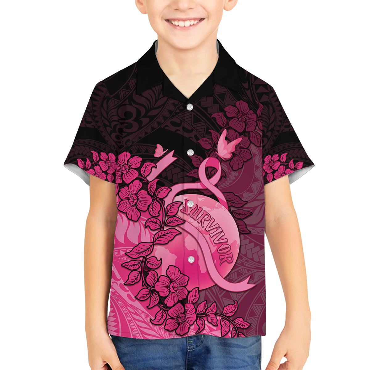 Personalised Cancer Fighter Family Matching Long Sleeve Bodycon Dress and Hawaiian Shirt I Beat Cancer LT05 Son's Shirt Pink - Polynesian Pride