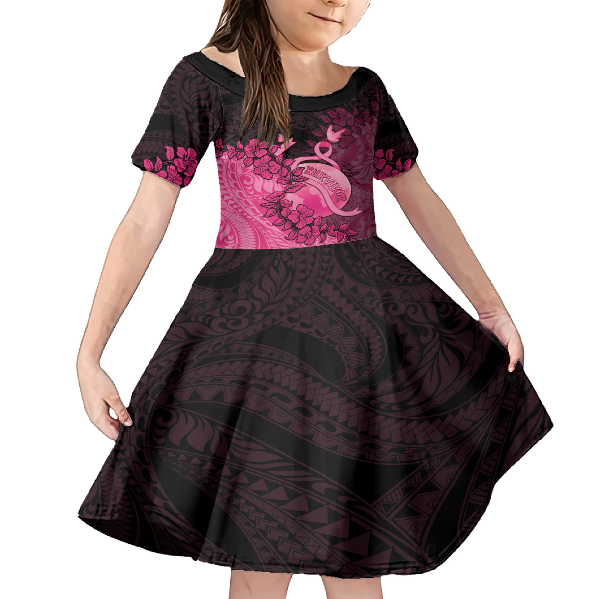 Personalised Cancer Fighter Family Matching Off Shoulder Maxi Dress and Hawaiian Shirt I Beat Cancer LT05 Daughter's Dress Pink - Polynesian Pride