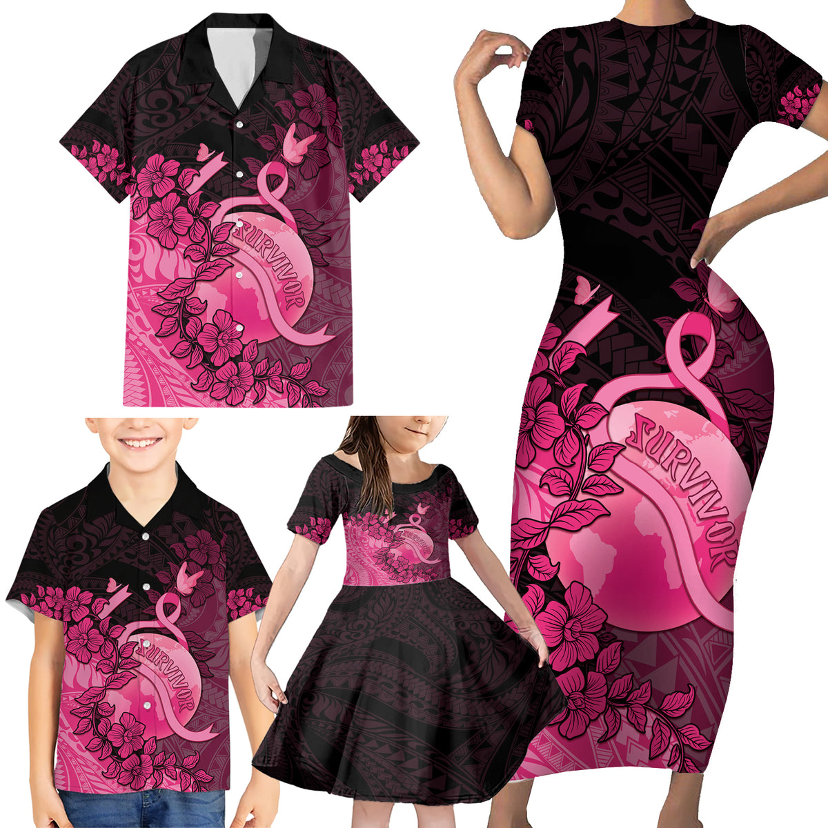 Personalised Cancer Fighter Family Matching Short Sleeve Bodycon Dress and Hawaiian Shirt I Beat Cancer LT05 - Polynesian Pride