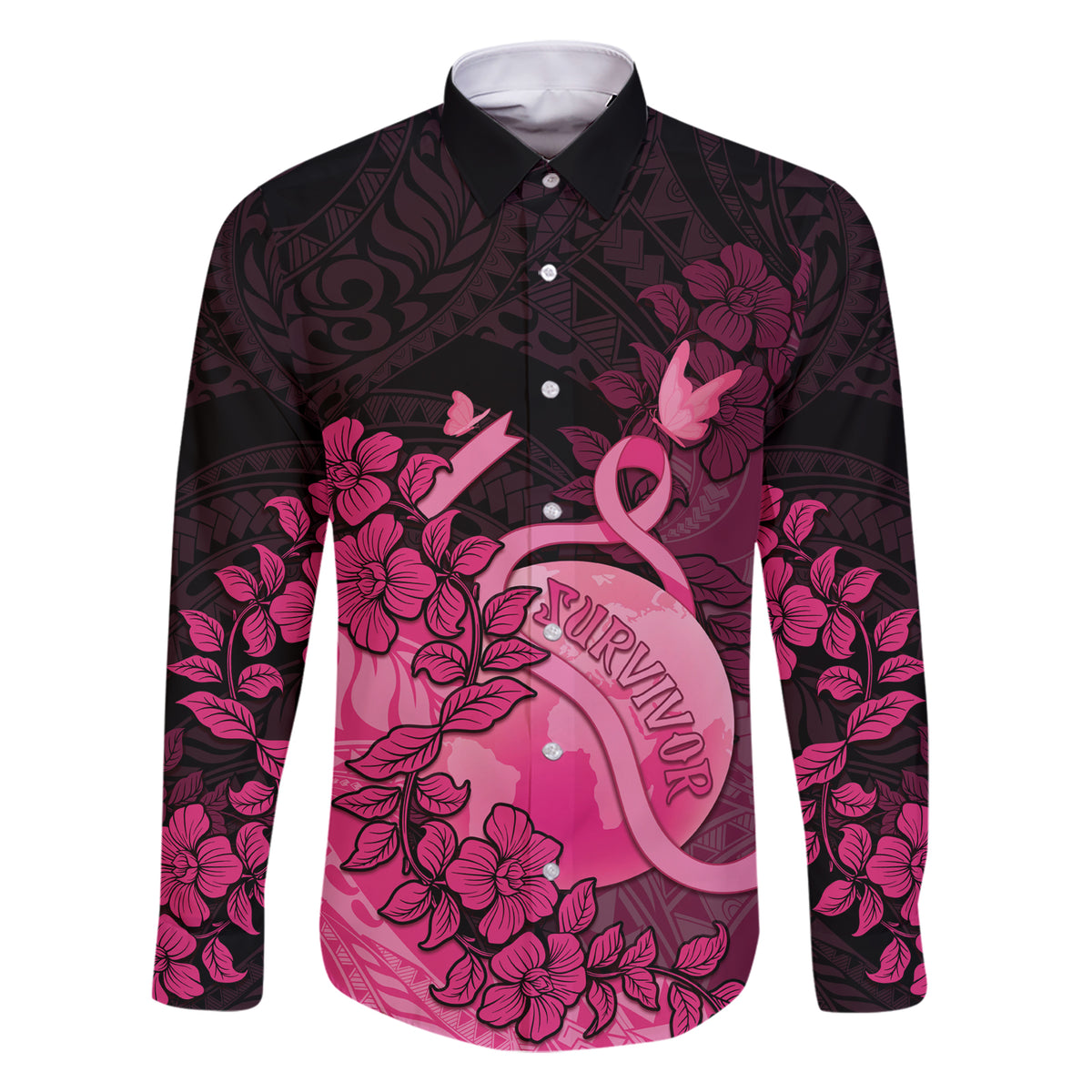 Personalised Cancer Fighter Family Matching Short Sleeve Bodycon Dress and Hawaiian Shirt I Beat Cancer LT05 Dad's Shirt - Long Sleeve Pink - Polynesian Pride