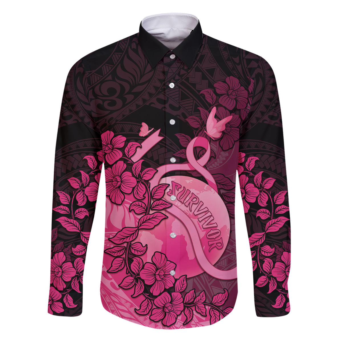 Personalised Cancer Fighter Family Matching Summer Maxi Dress and Hawaiian Shirt I Beat Cancer LT05 Dad's Shirt - Long Sleeve Pink - Polynesian Pride