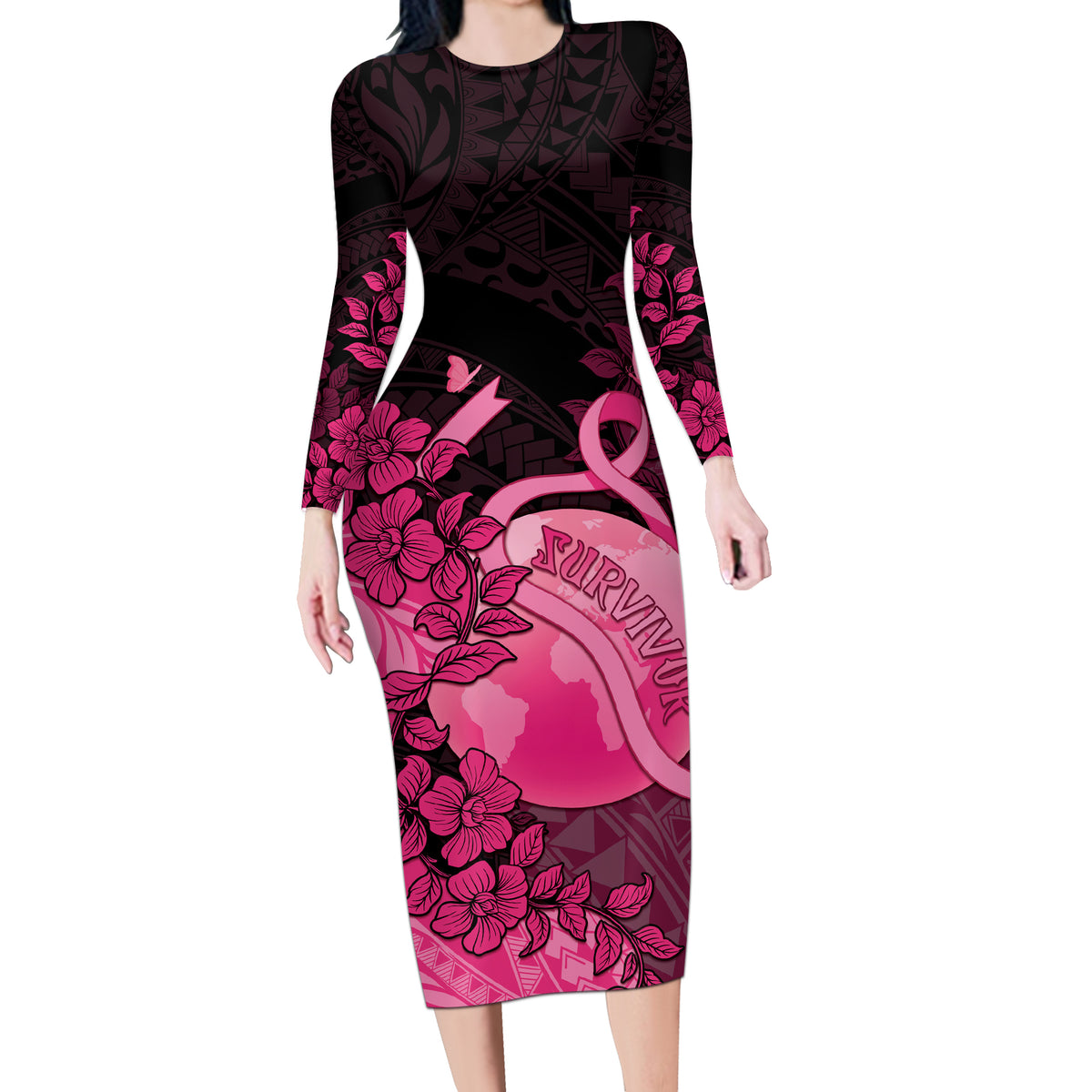 Personalised Cancer Fighter Long Sleeve Bodycon Dress I Beat Cancer LT05 Long Dress Pink - Polynesian Pride