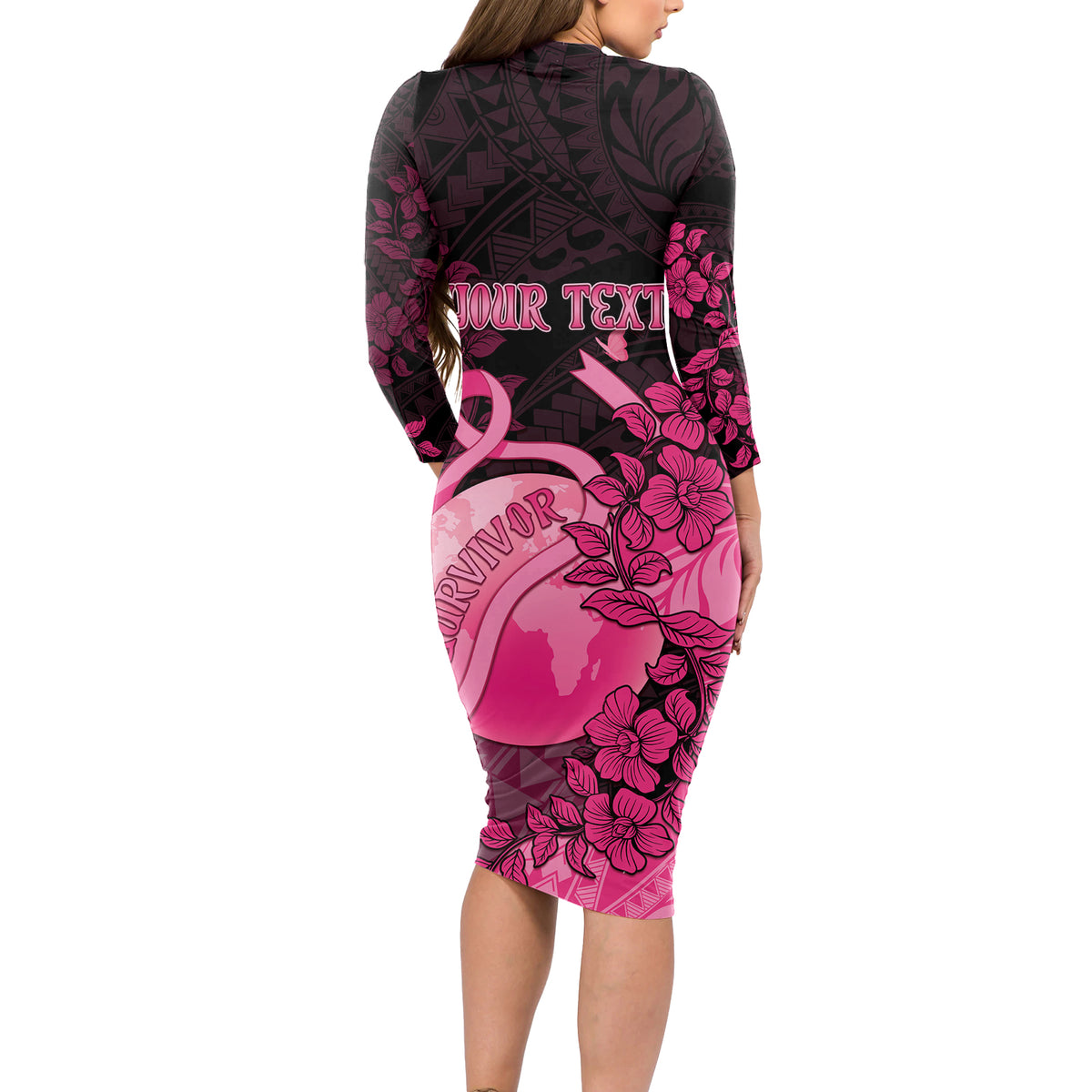 Personalised Cancer Fighter Long Sleeve Bodycon Dress I Beat Cancer LT05 - Polynesian Pride