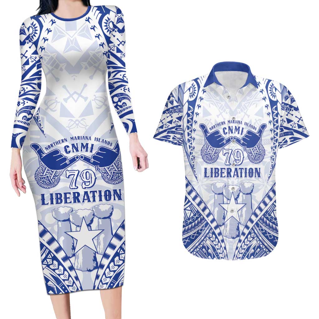 Northern Mariana Islands Liberation Day Couples Matching Long Sleeve Bodycon Dress and Hawaiian Shirt 79th Anniversary LT05 Blue - Polynesian Pride