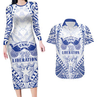 Northern Mariana Islands Liberation Day Couples Matching Long Sleeve Bodycon Dress and Hawaiian Shirt 79th Anniversary LT05 Blue - Polynesian Pride