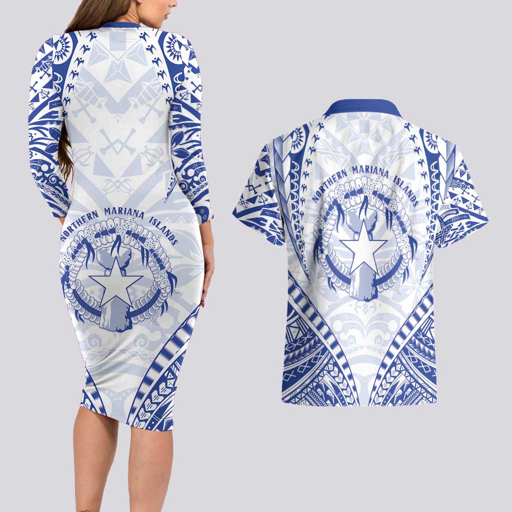 Northern Mariana Islands Liberation Day Couples Matching Long Sleeve Bodycon Dress and Hawaiian Shirt 79th Anniversary LT05 - Polynesian Pride