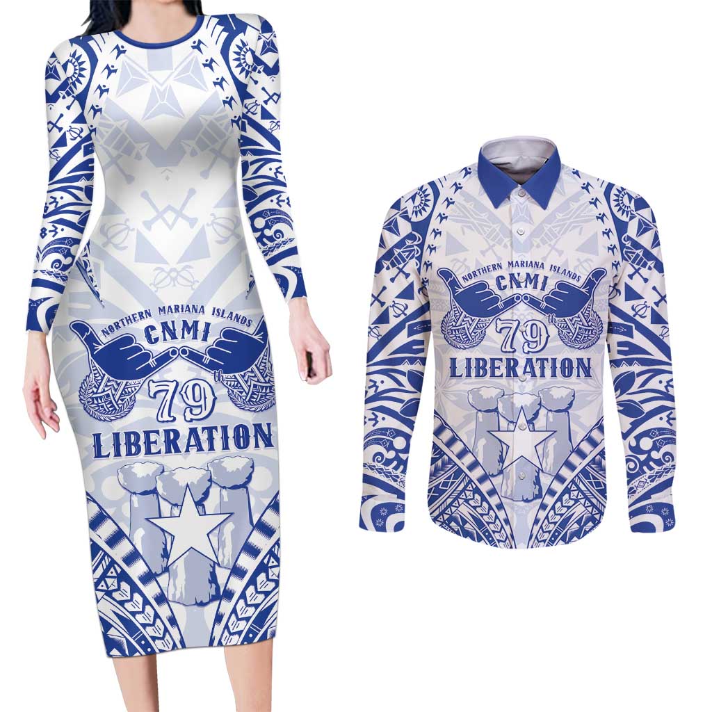 Northern Mariana Islands Liberation Day Couples Matching Long Sleeve Bodycon Dress and Long Sleeve Button Shirt 79th Anniversary LT05 Blue - Polynesian Pride