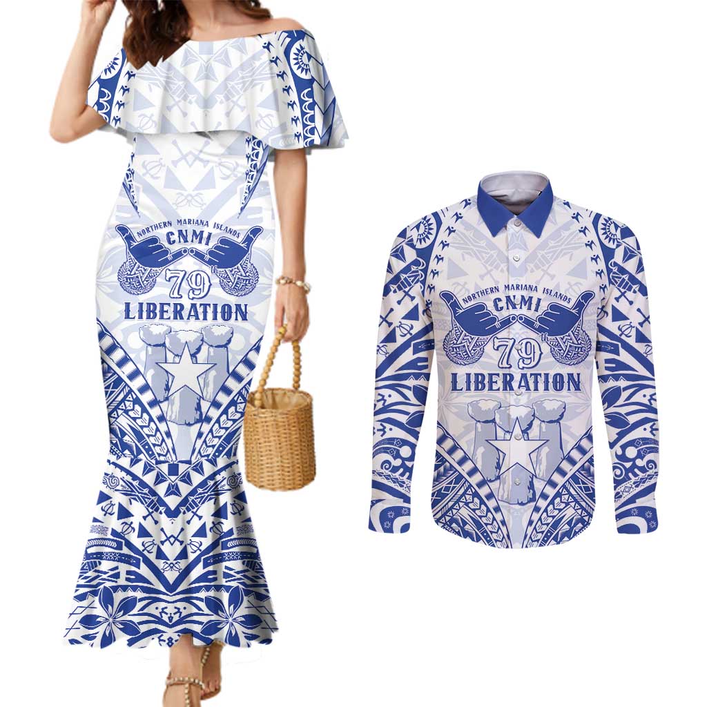 Northern Mariana Islands Liberation Day Couples Matching Mermaid Dress and Long Sleeve Button Shirt 79th Anniversary LT05 Blue - Polynesian Pride